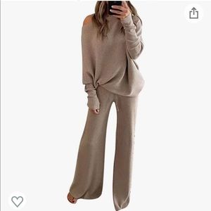 Fixmatti One Shoulder Casual Knitted Pullover with Wide Leg Pants Sweater